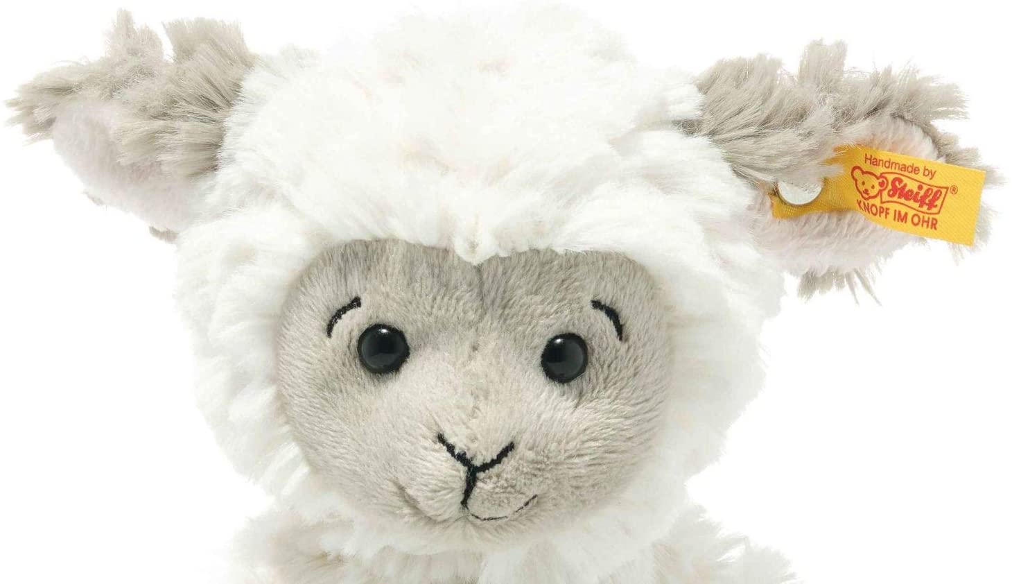Steiff 073946 Original Plüschtier Lita Lamm, Soft Cuddly Friends Kuscheltier ca. 20 cm, Markenplüsch mit Knopf im Ohr, Schmusefreund für Babys von Geburt an, weiß-braungrau
