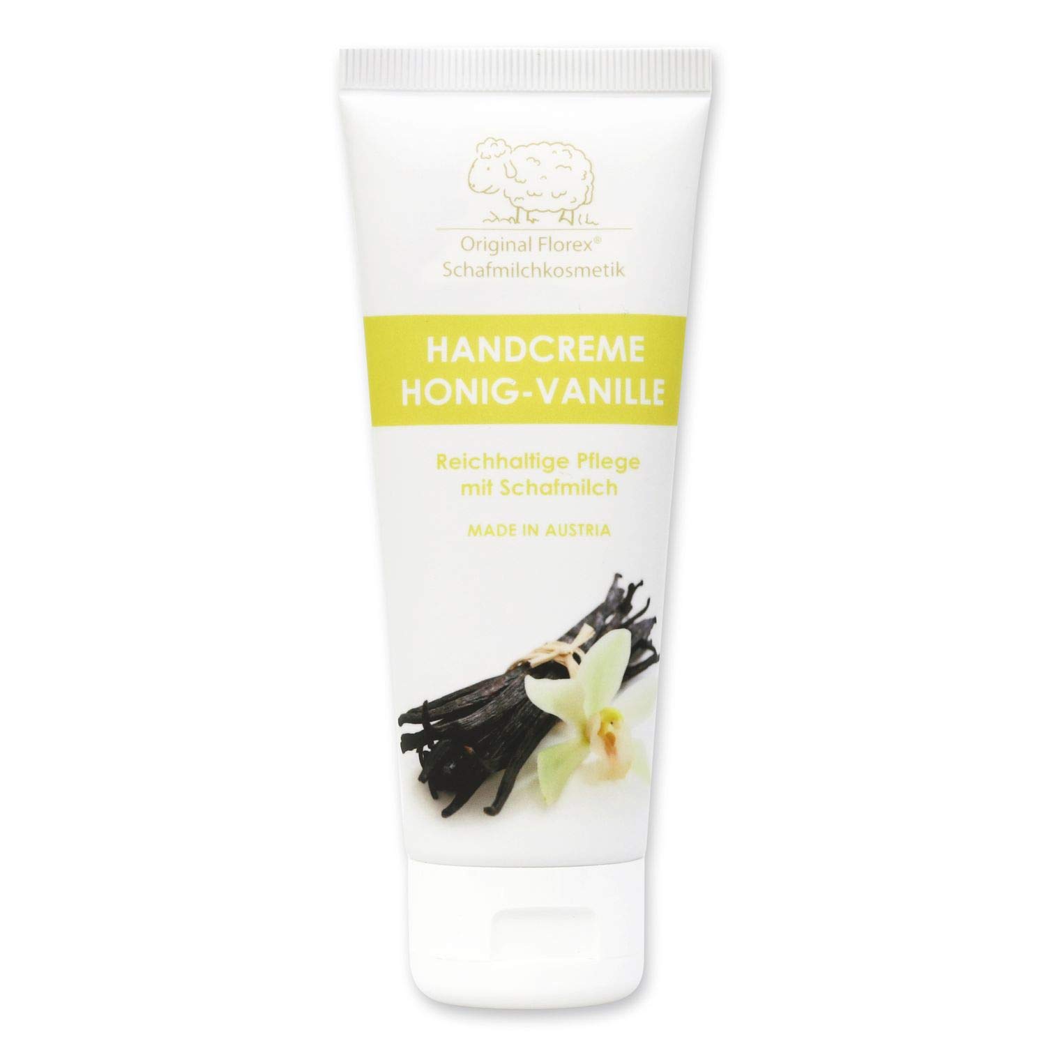 Florex Handcreme Honig Vanille Reichhaltige intensive Pflege bei trockenen strapazierten Händen mit Schafmilch ohne Palmöl 75 ml 9615HO-V Florex Handcreme Honig Vanille Reichhaltige intensive Pflege bei trockenen strapazierten Händen mit Schafmilch ohne Palmöl 75 ml 9615HO-V