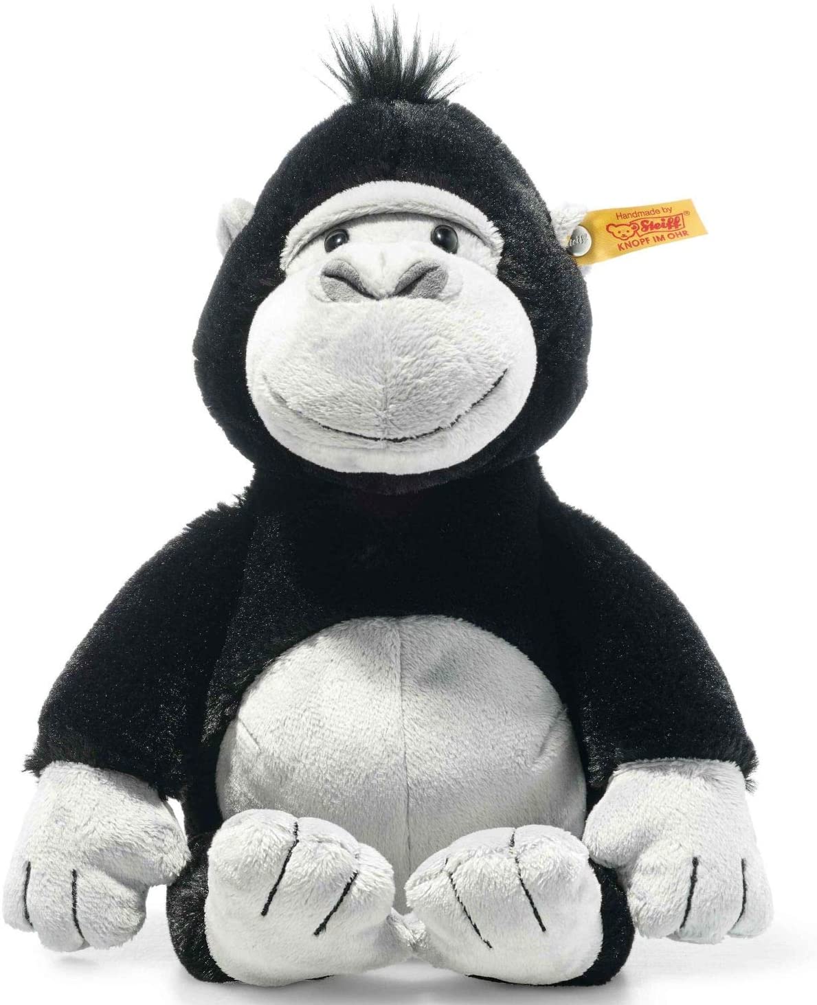 Steiff 069116 Original Plüschtier Bongy Gorilla, Soft Cuddly Friends Kuscheltier ca. 30 cm, Markenplüsch mit Knopf im Ohr, Schmusefreund für Babys von Geburt an, schwarz-hellgrau