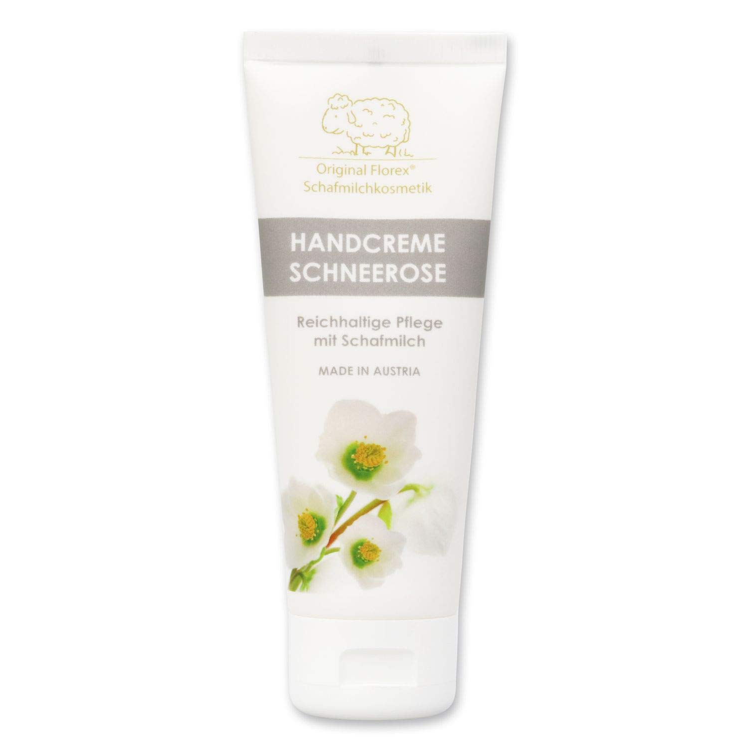 Florex Handcreme Schneerose - Reichhaltige intensive Pflege bei trockenen strapazierten Händen mit Schafmilch ohne Palmöl 75 ml Florex Handcreme Schneerose - Reichhaltige intensive Pflege bei trockenen strapazierten Händen mit Schafmilch ohne Palmöl 75 ml