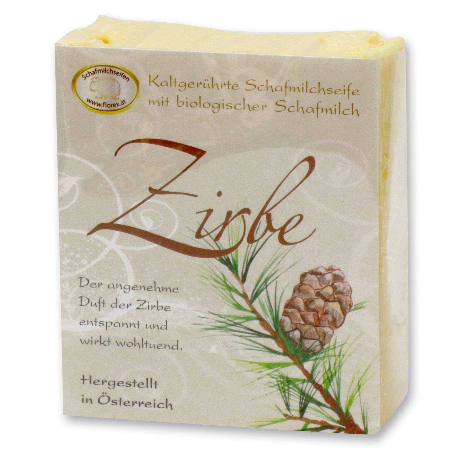 Florex Kaltgerührte Schafmilchseife - Zirbe - angenehmer aromatischer Duft des Zirben Baumes 150 g Florex Kaltgerührte Schafmilchseife - Zirbe - angenehmer aromatischer Duft des Zirben Baumes 150 g
