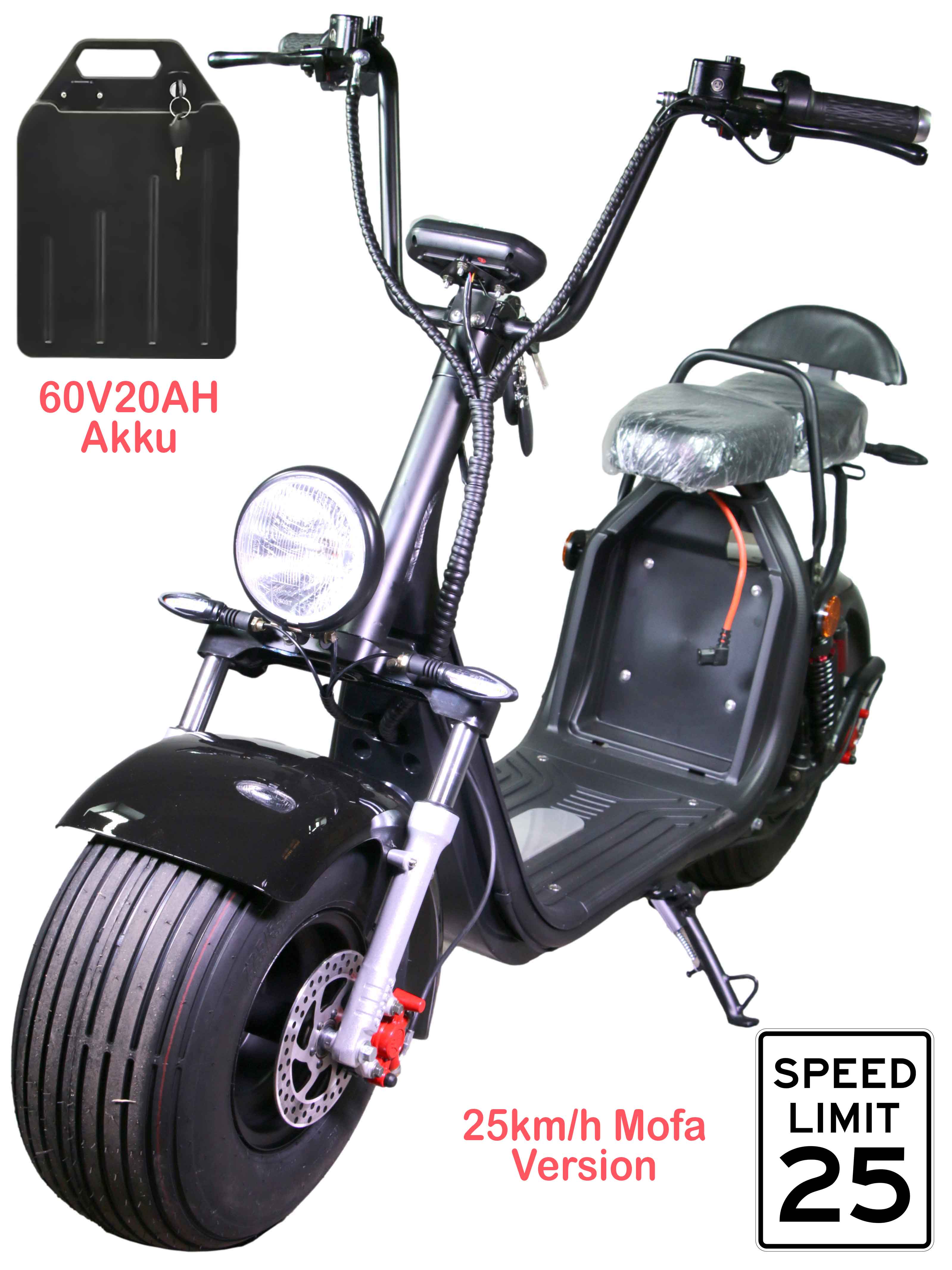 HR-2 25km/h Mofa Akku 60V20Ah RocknBikes Elektroroller Motorroller Harley Scooter CitiCoco Black Shiny teilzerlegt im Karton