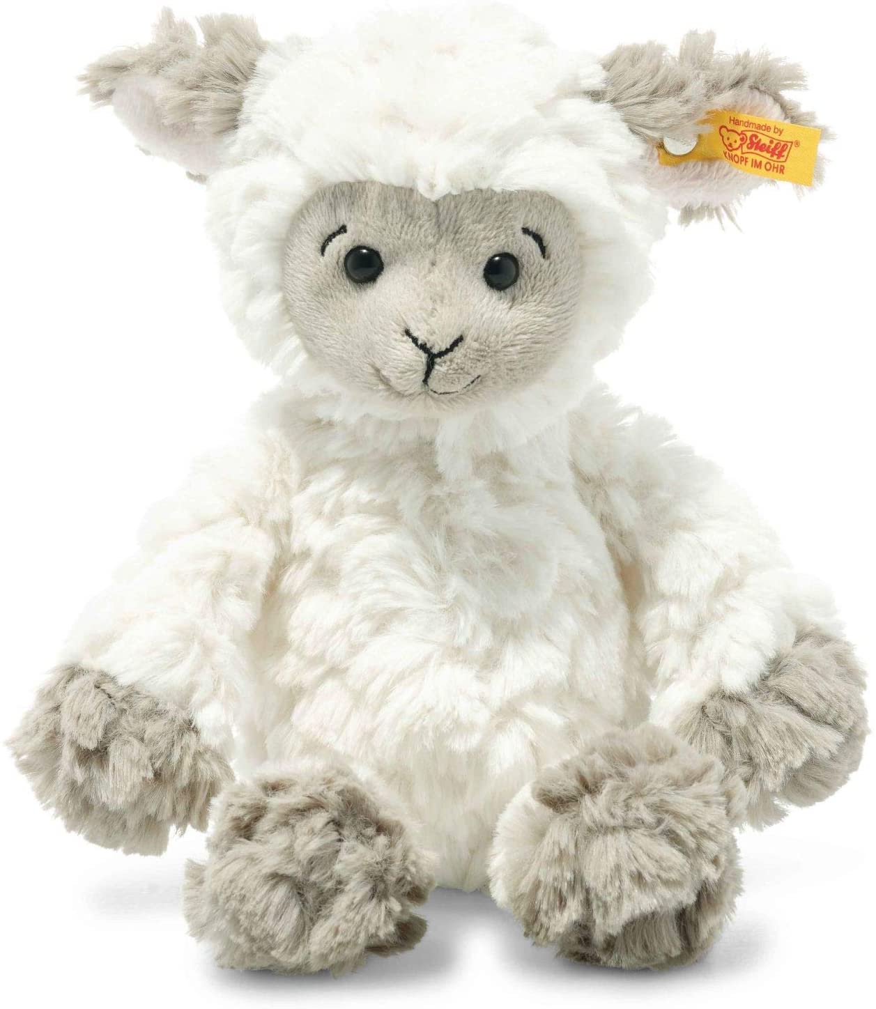 Steiff 073946 Original Plüschtier Lita Lamm, Soft Cuddly Friends Kuscheltier ca. 20 cm, Markenplüsch mit Knopf im Ohr, Schmusefreund für Babys von Geburt an, weiß-braungrau